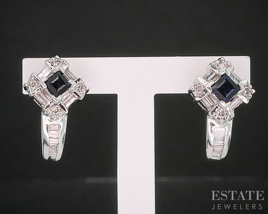 14k White Gold Natural Blue Sapphire & Diamond J-Hoop Earrings 2.9g i20023