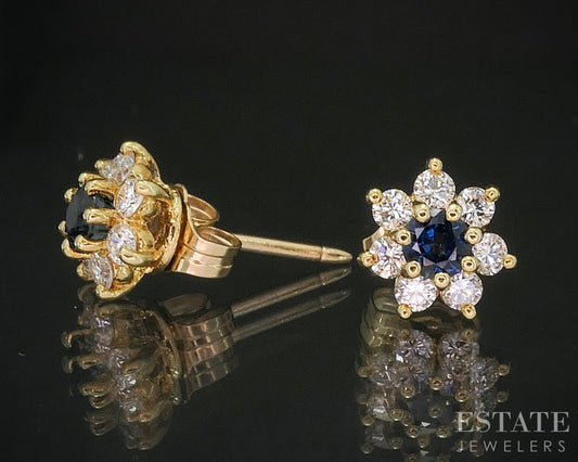 18k Yellow Gold Natural Diamond & Blue Sapphire Halo Stud Earrings 1.6g i20042