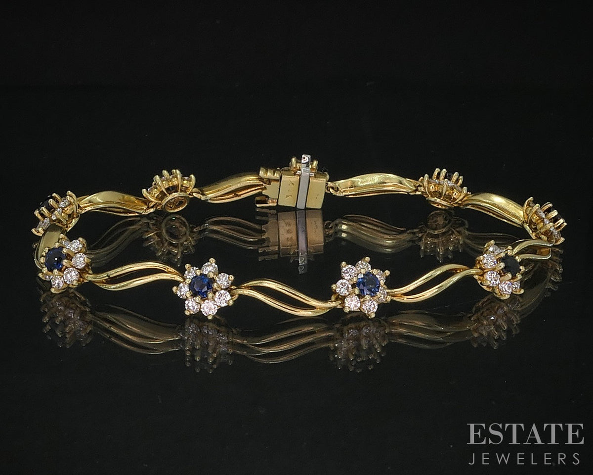 18k Yellow Gold Natural Blue Sapphire & Diamond Tennis Bracelet 14.7g 7"L p89042