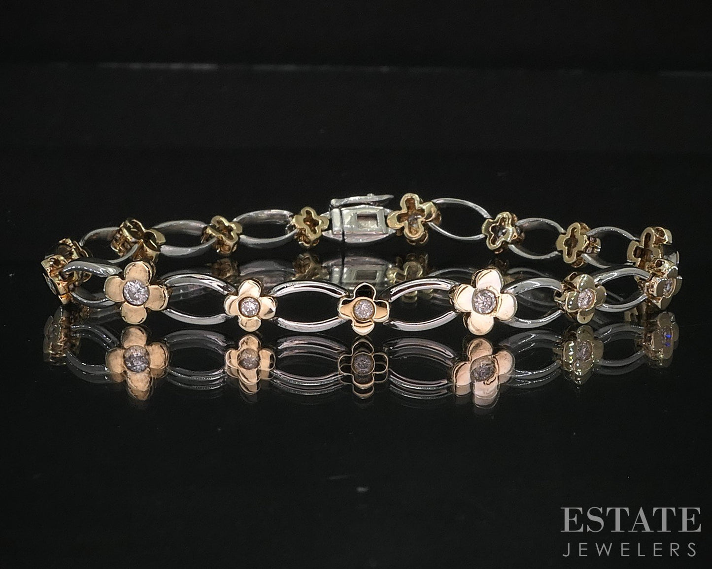 14k Two Tone Gold Natural .75ctw Diamond Flower Link Bracelet 11g 7.25"L i20046