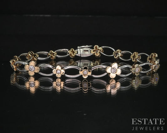 14k Two Tone Gold Natural .75ctw Diamond Flower Link Bracelet 11g 7.25"L i20046