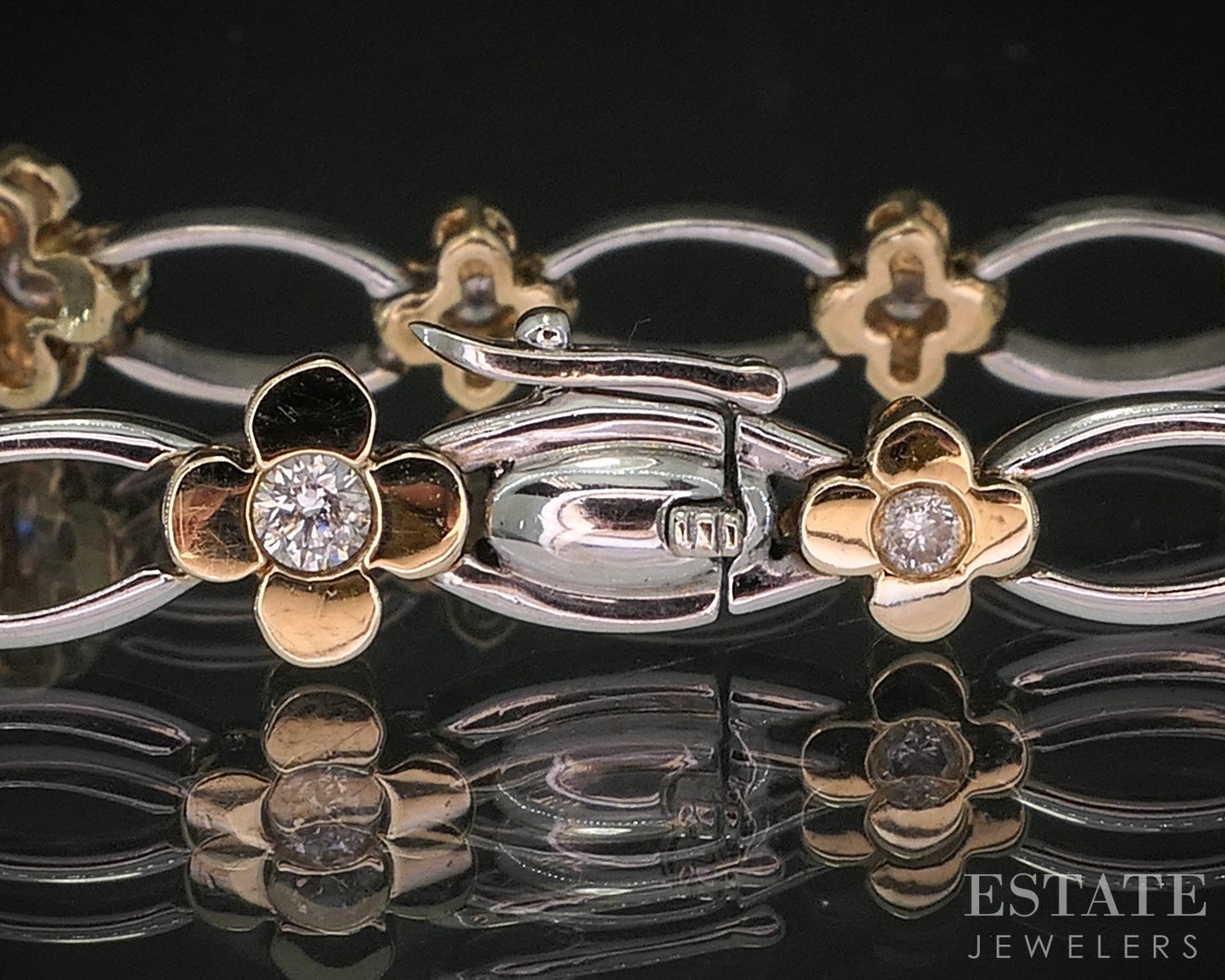 14k Two Tone Gold Natural .75ctw Diamond Flower Link Bracelet 11g 7.25"L i20046