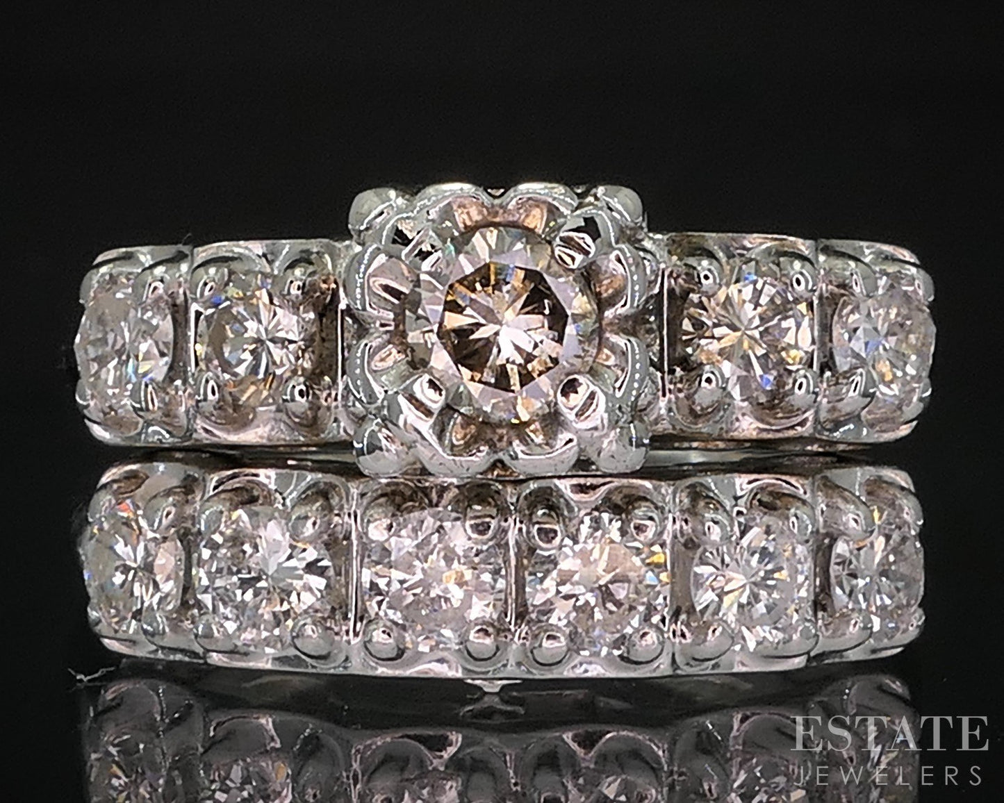 Vintage 14k White Gold Round Natural 1.23ctw Diamond Wedding Set 7.8g i20034