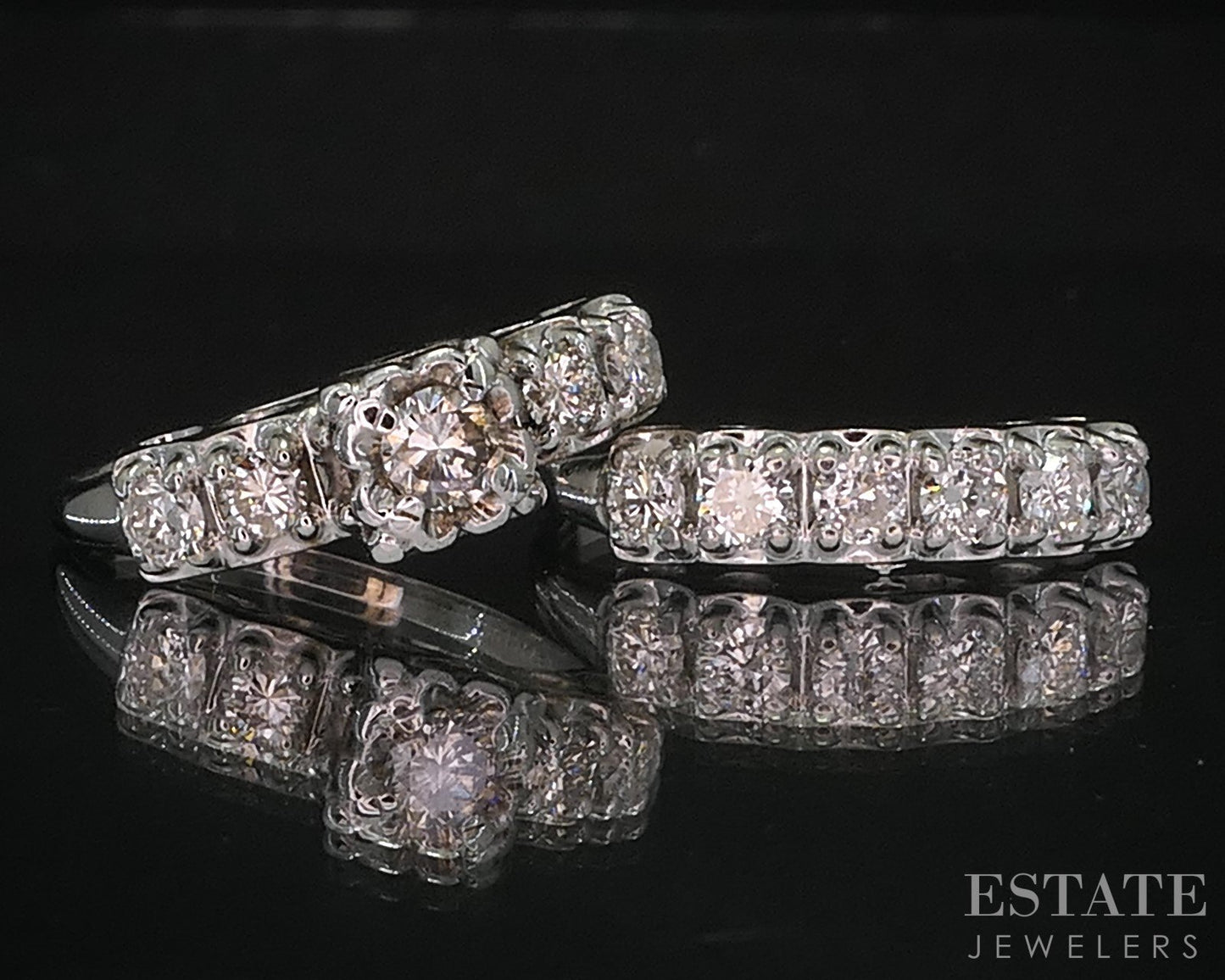 Vintage 14k White Gold Round Natural 1.23ctw Diamond Wedding Set 7.8g i20034