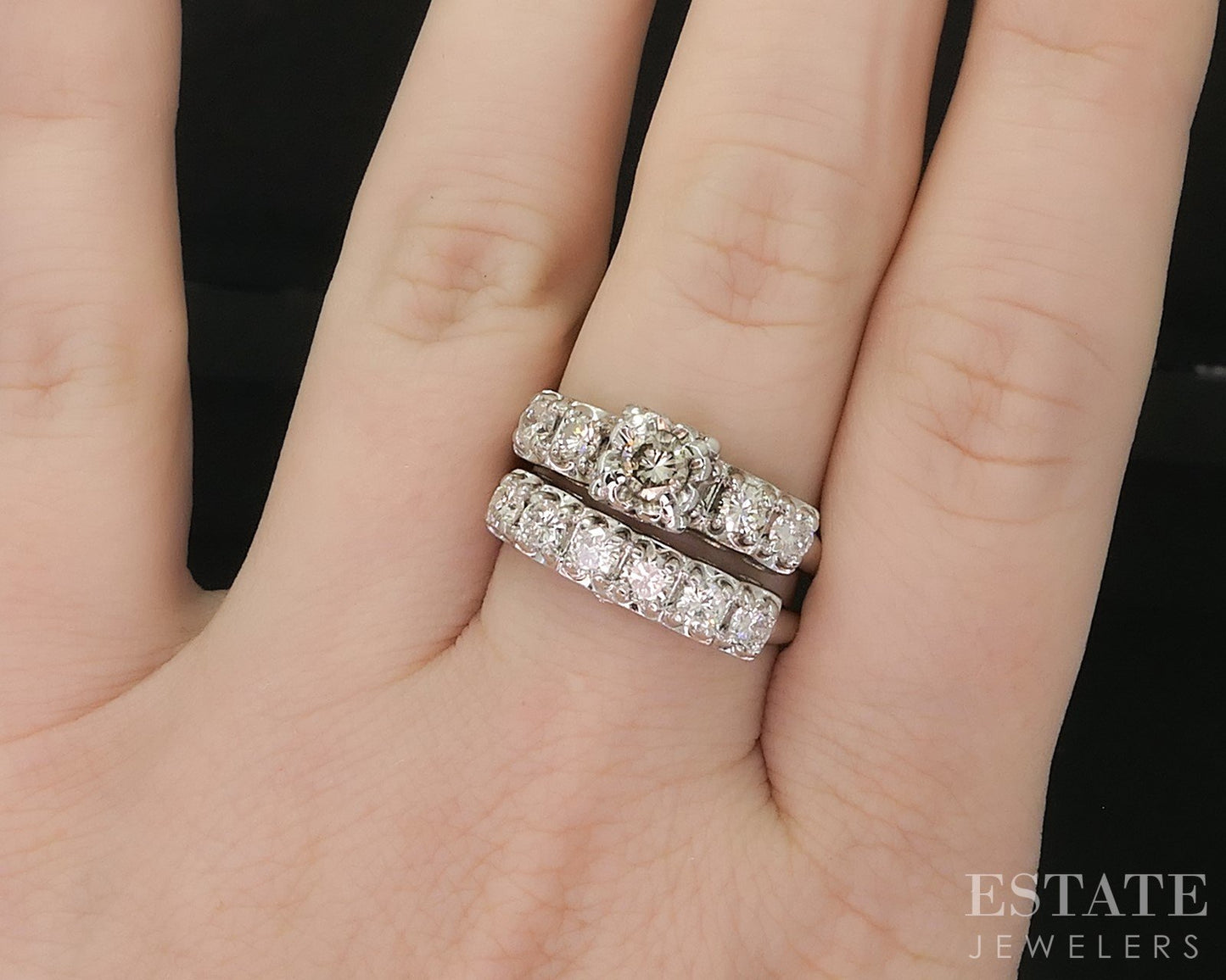 Vintage 14k White Gold Round Natural 1.23ctw Diamond Wedding Set 7.8g i20034