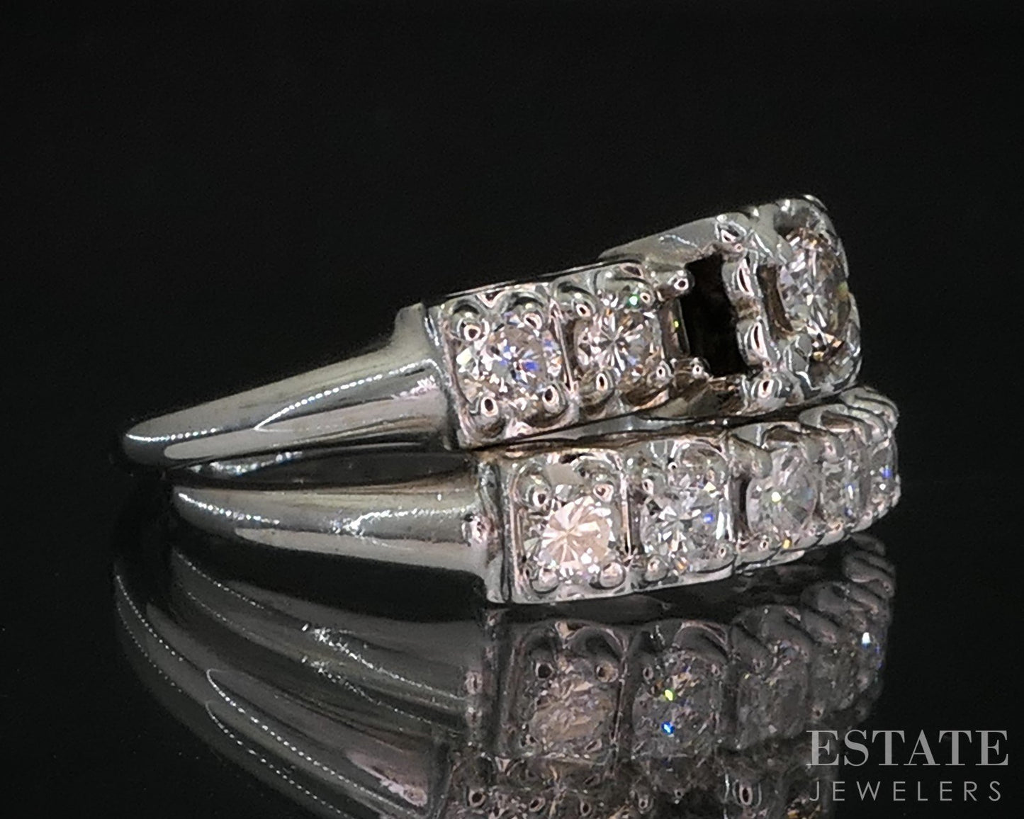 Vintage 14k White Gold Round Natural 1.23ctw Diamond Wedding Set 7.8g i20034