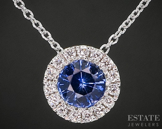14k White Gold Natural Blue Sapphire & Diamond Halo Necklace 1.8g 18"L i20048