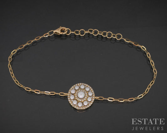 14k Yellow Gold Cultured Pearl & Diamond Link Ladies Bracelet 2.5g 7"L i20053