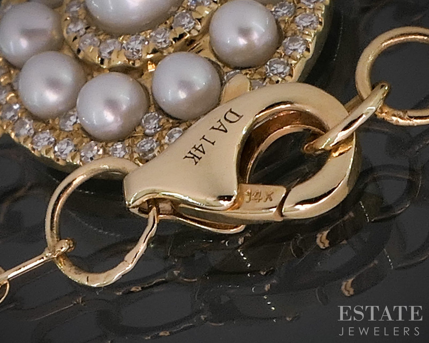 14k Yellow Gold Cultured Pearl & Diamond Link Ladies Bracelet 2.5g 7"L p89094