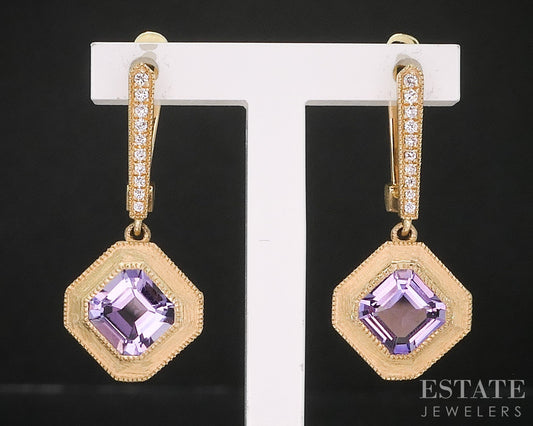 14k Yellow Gold Natural Amethyst & Diamond Dangle Earrings 4.7g i20052