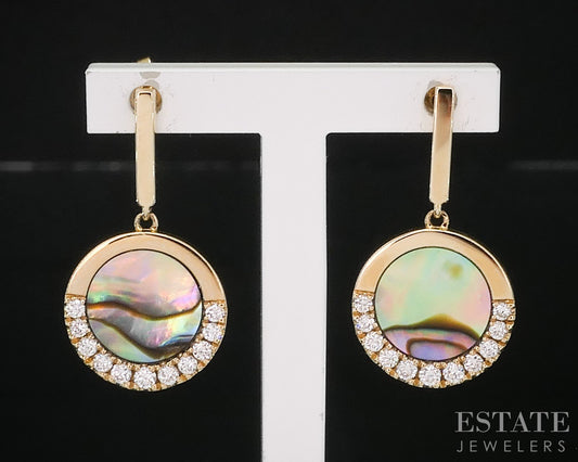 14k Yellow Gold Natural Abalone & Diamond Disk Dangle Earrings 3.5g i20057