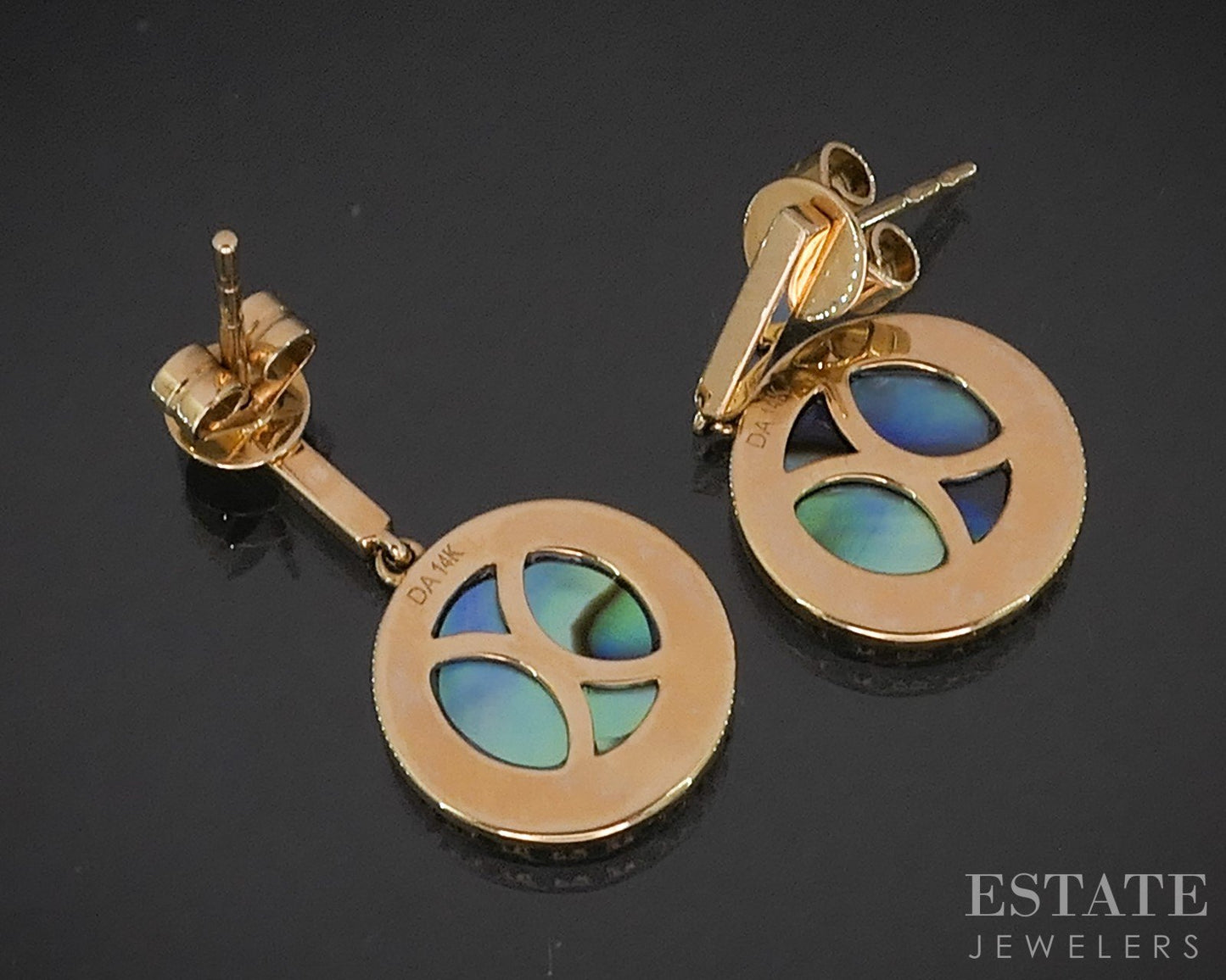 14k Yellow Gold Natural Abalone & Diamond Disk Dangle Earrings 3.5g i20057