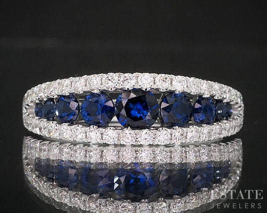 18k White Gold Natural Blue Sapphire & Diamond Ladies Band Ring 4.1g i20051
