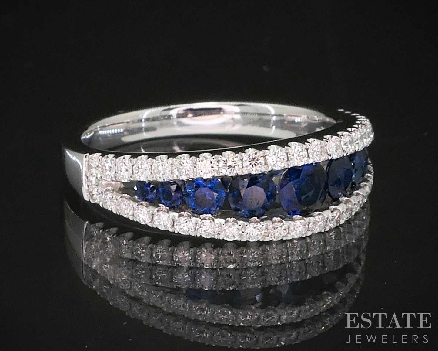 18k White Gold Natural Blue Sapphire & Diamond Ladies Band Ring 4.1g i20051