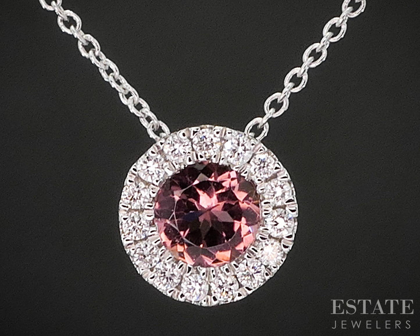 14k White Gold Natural Pink Tourmaline & Diamond Halo Necklace 1.9g 18"L i20058