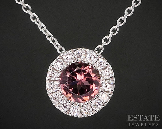 14k White Gold Natural Pink Tourmaline & Diamond Halo Necklace 1.9g 18"L i20058