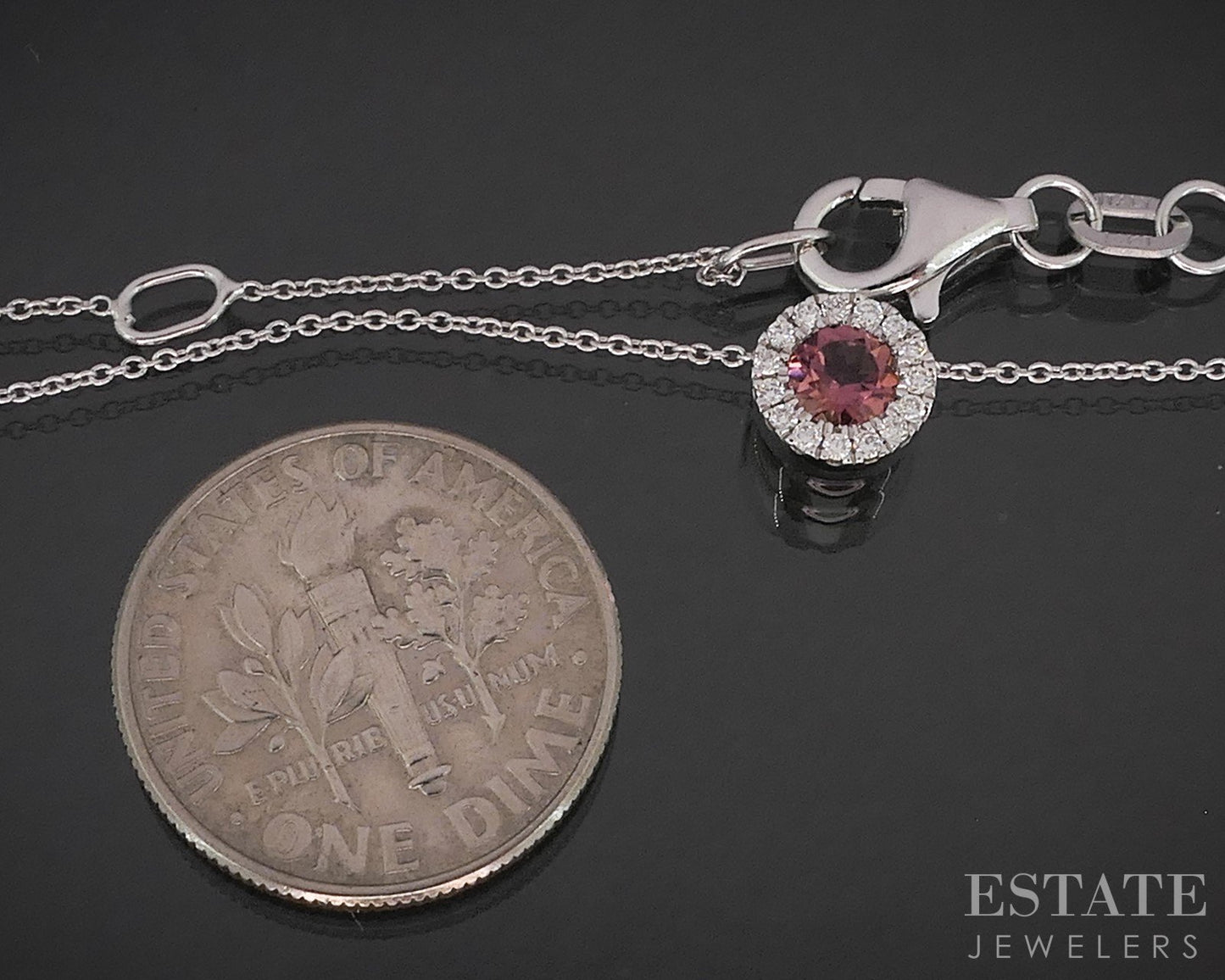 14k White Gold Natural Pink Tourmaline & Diamond Halo Necklace 1.9g 18"L i20058