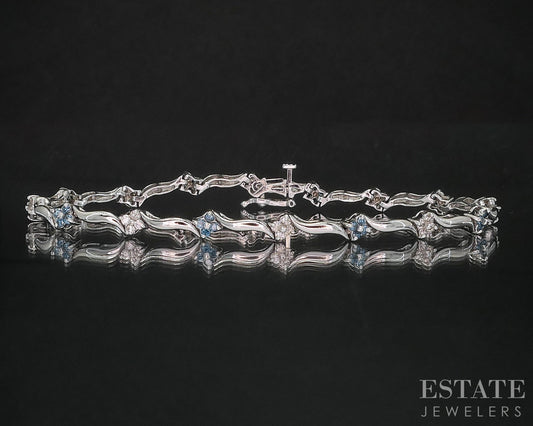 14k White Gold Natural .96ctw Blue & White Diamond Tennis Bracelet 8g i20049
