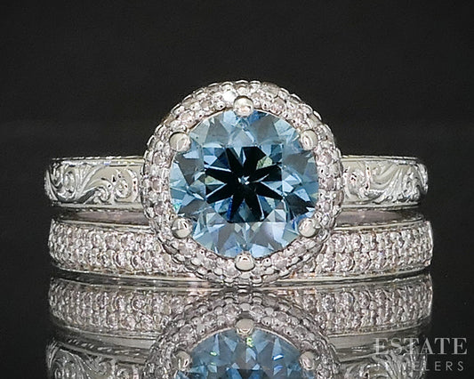 14k White Gold Round Natural 1.5ctw Blue & White Diamond Wedding Set 8.9g i20060
