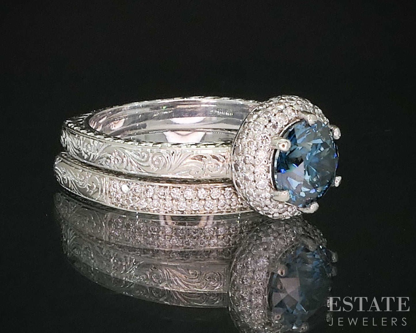 14k White Gold Round Natural 1.5ctw Blue & White Diamond Wedding Set 8.9g i20060