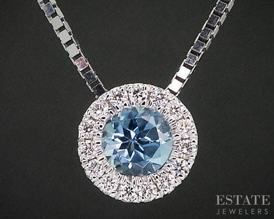 14k White Gold Natural Blue Topaz & Diamond Halo Necklace 2.6g 16"L i20061