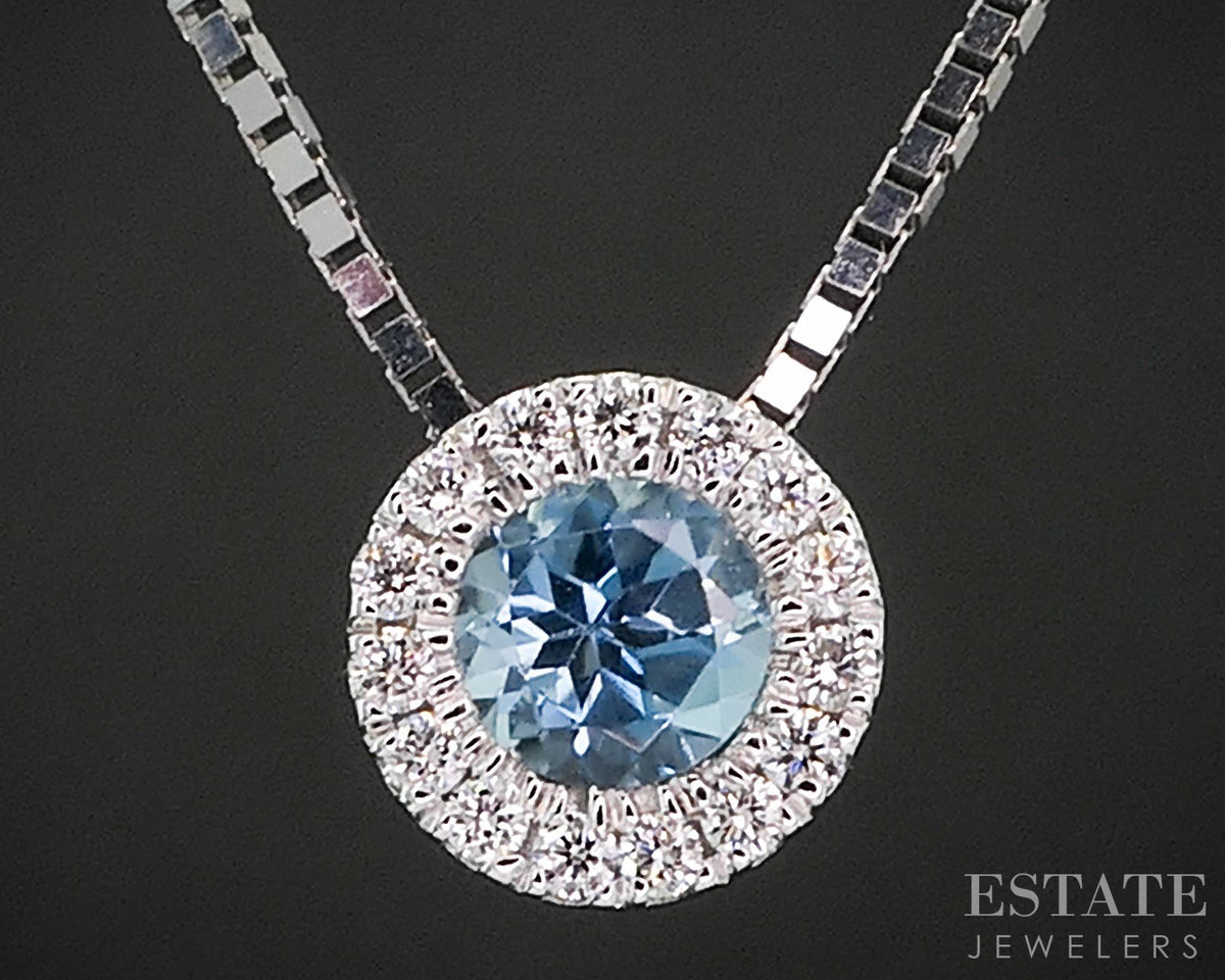 14k White Gold Natural Blue Topaz & Diamond Halo Necklace 2.6g 16"L i20061