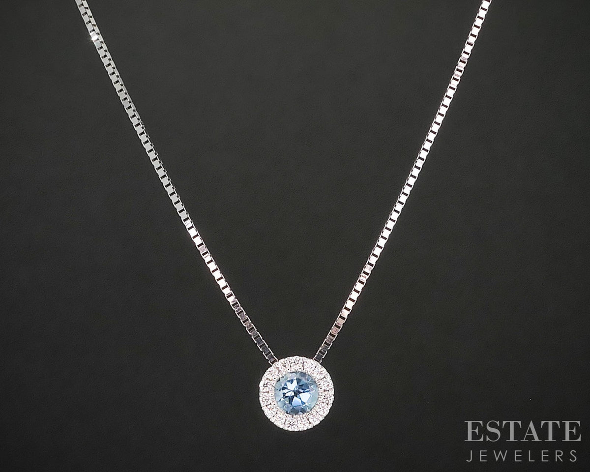 14k White Gold Natural Blue Topaz & Diamond Halo Necklace 2.6g 16"L i20061