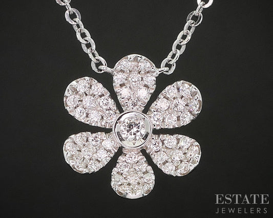 14k White Gold Natural .27ctw Diamond Flower Ladies Necklace 2.8g 18"L i20062