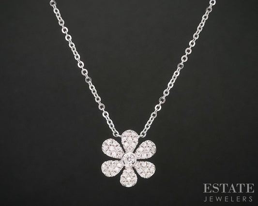 14k White Gold Natural .27ctw Diamond Flower Ladies Necklace 2.8g 18"L i20062