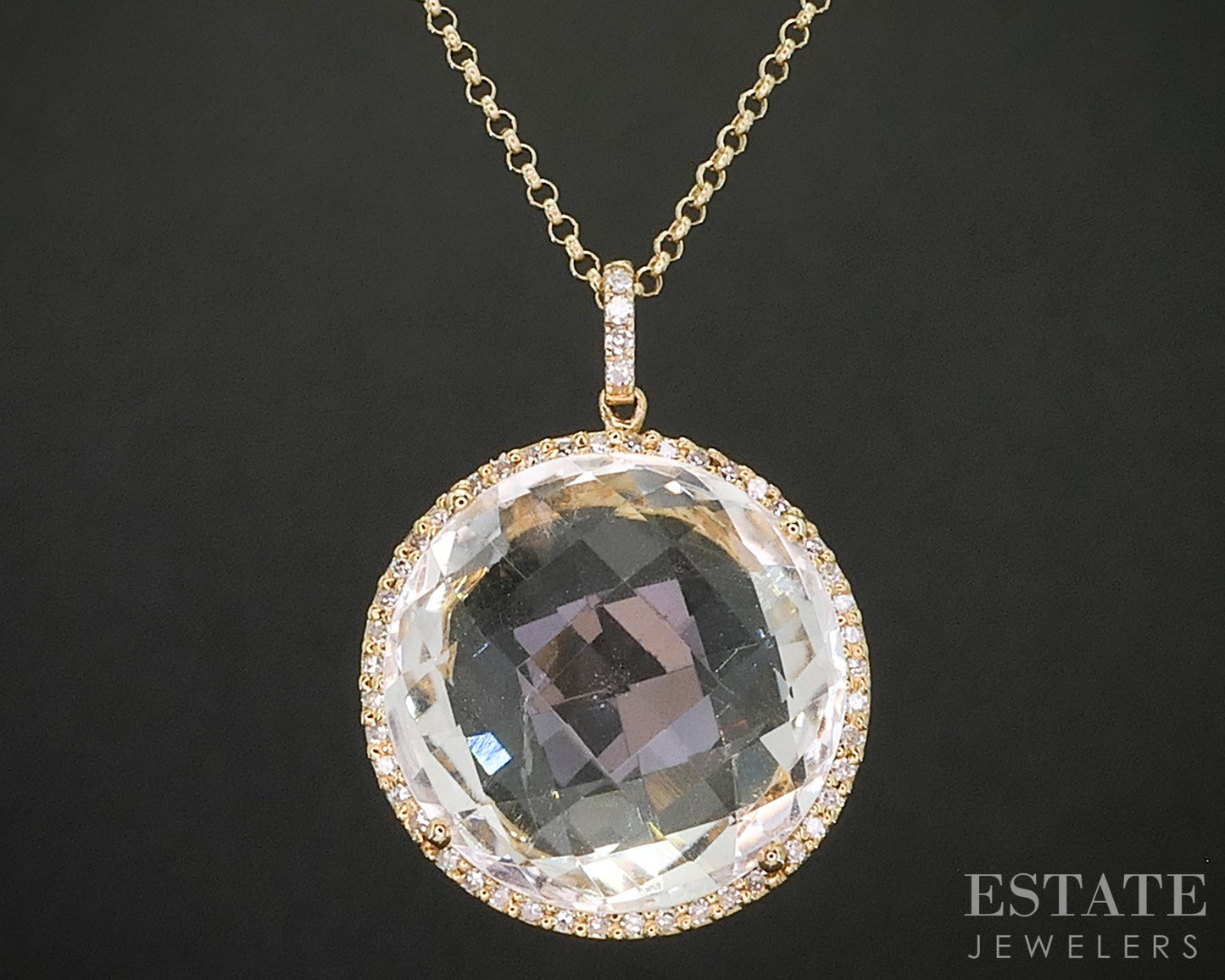 14k Yellow Gold Checkered Natural Quartz & Diamond Necklace 5.1g 16"L i20063