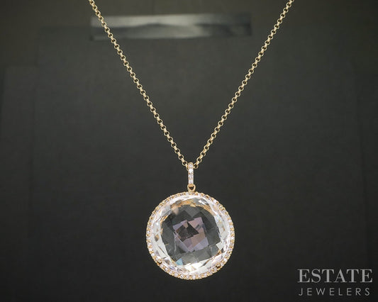 14k Yellow Gold Checkered Natural Quartz & Diamond Necklace 5.1g 16"L i20063
