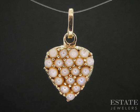 Vintage 14k Yellow Gold Seed Pearl Heart Ladies Charm Pendant 2.6g i20086
