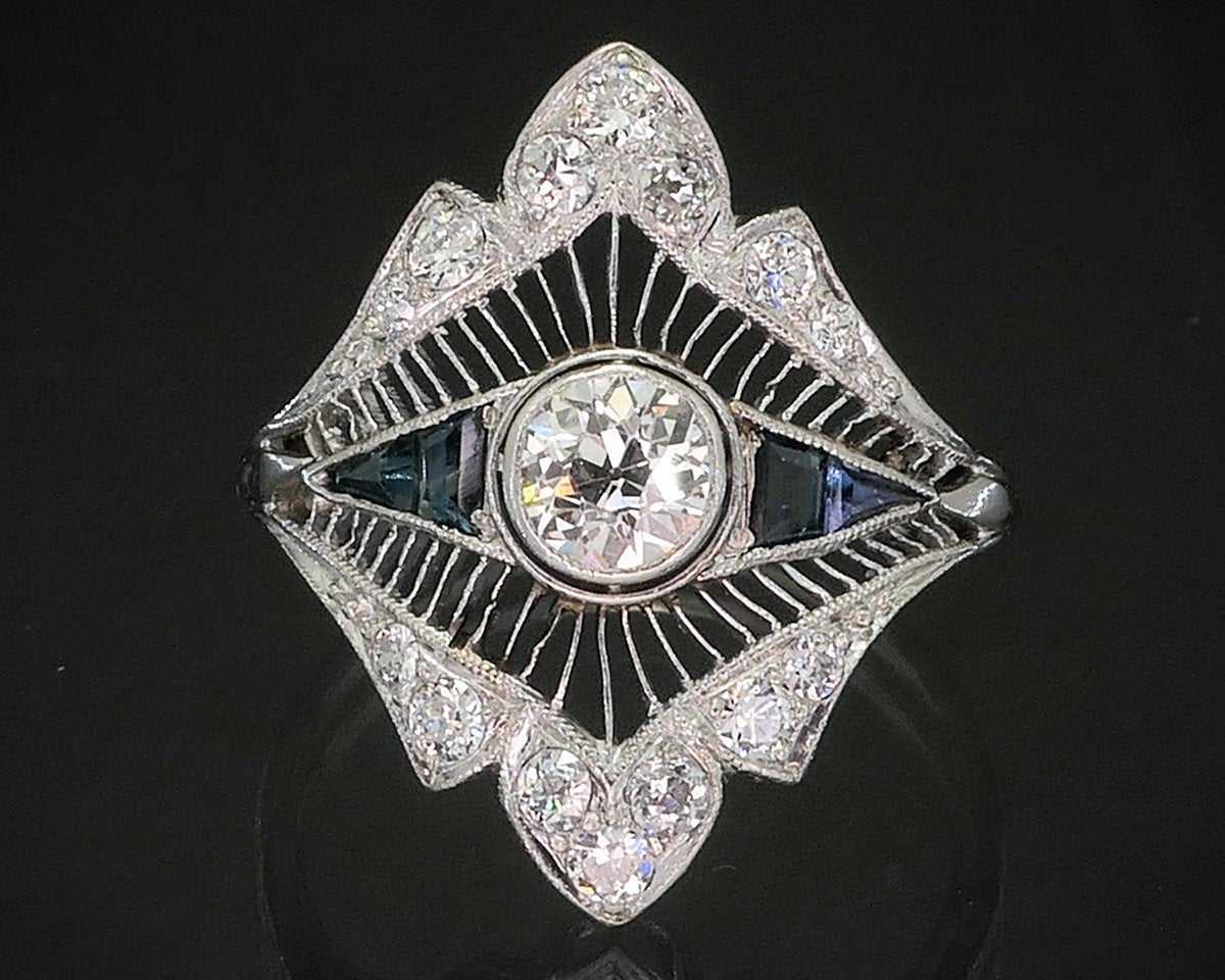 Antique Art Deco Platinum OEC .35ct Diamond Sapphire Filigree Ring 4g i20076