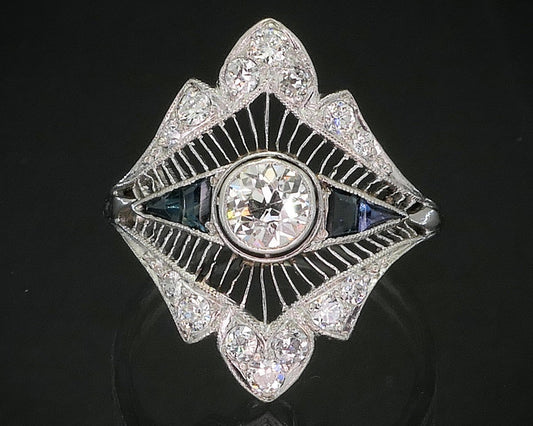 Antique Art Deco Platinum OEC .35ct Diamond Sapphire Filigree Ring 4g i20076
