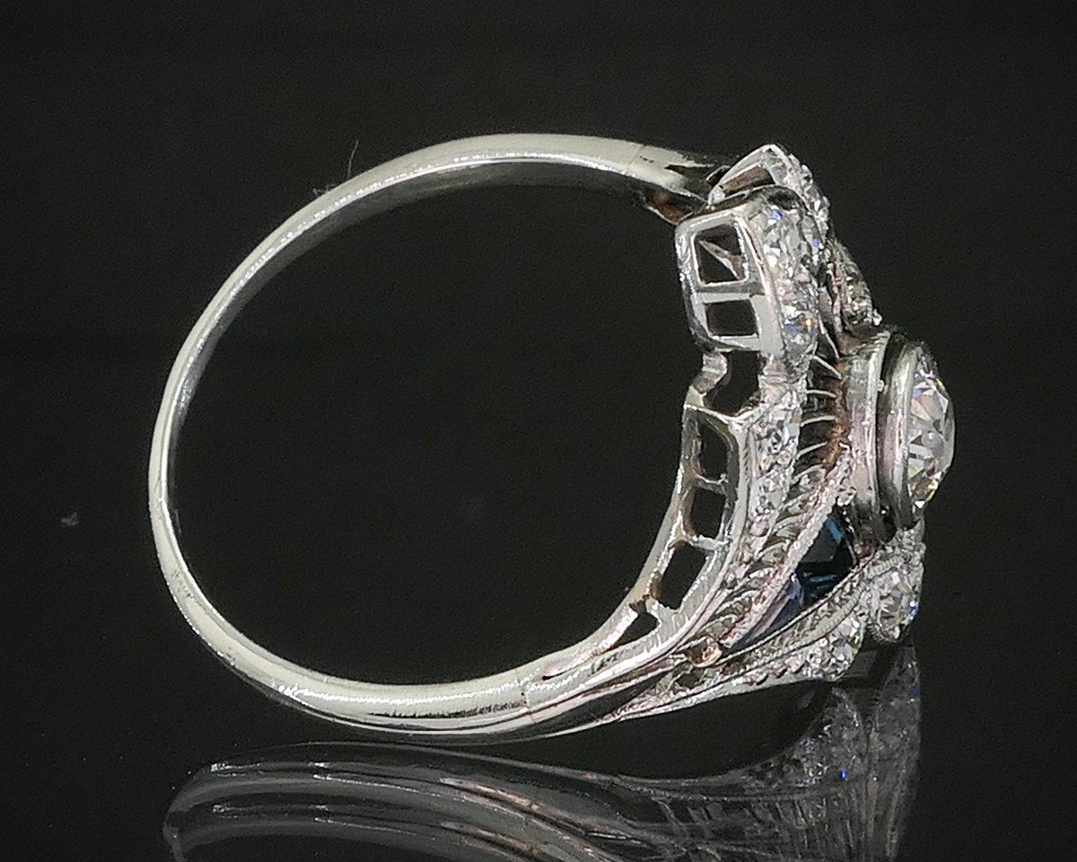 Antique Art Deco Platinum OEC .35ct Diamond Sapphire Filigree Ring 4g i20076