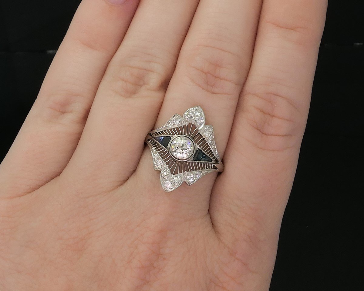 Antique Art Deco Platinum OEC .35ct Diamond Sapphire Filigree Ring 4g i20076