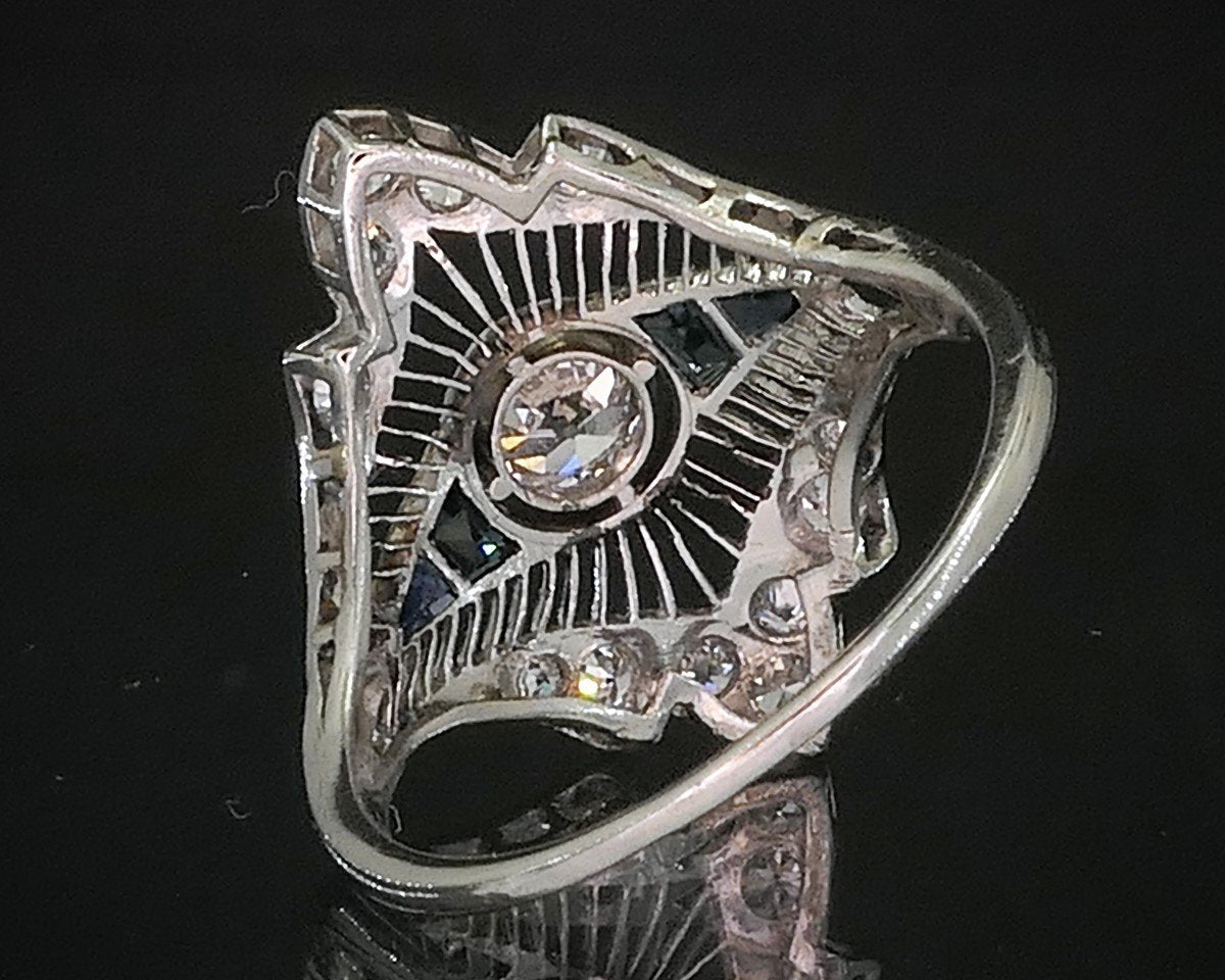 Antique Art Deco Platinum OEC .35ct Diamond Sapphire Filigree Ring 4g i20076