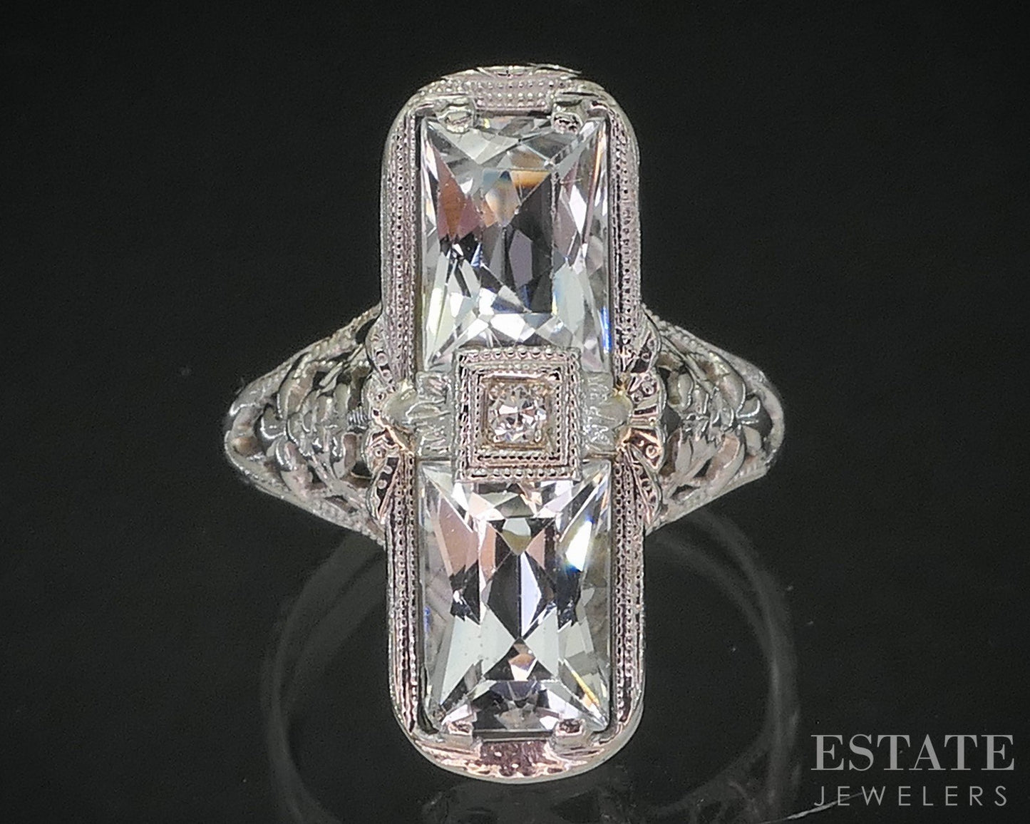 Antique 14k White Gold Natural Aquamarine & Diamond Filigree Ring 2.4g i20075