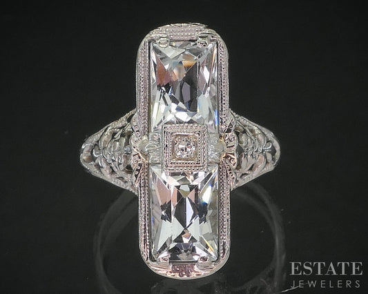 Antique 14k White Gold Natural Aquamarine & Diamond Filigree Ring 2.4g i20075