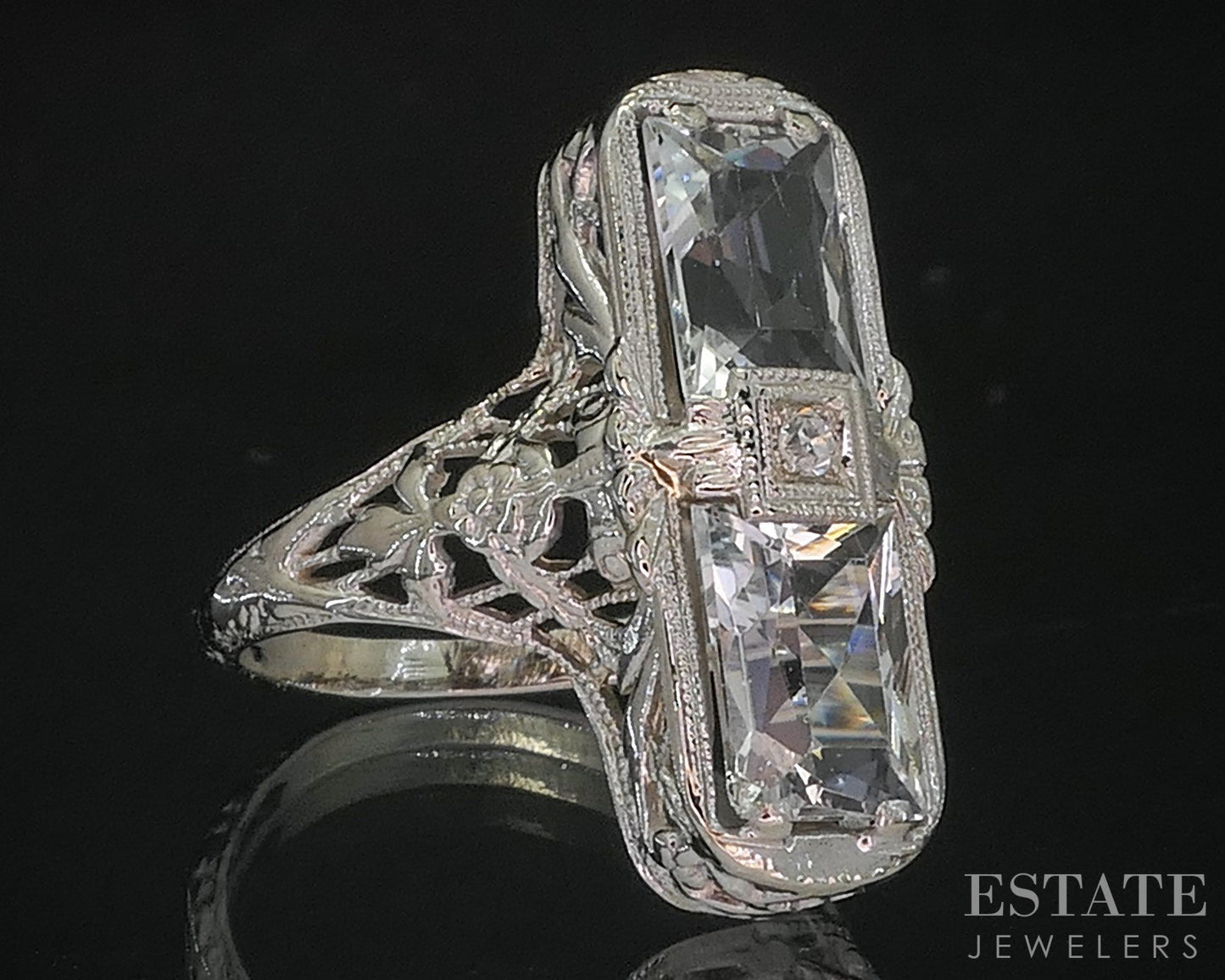 Antique 14k White Gold Natural Aquamarine & Diamond Filigree Ring 2.4g i20075