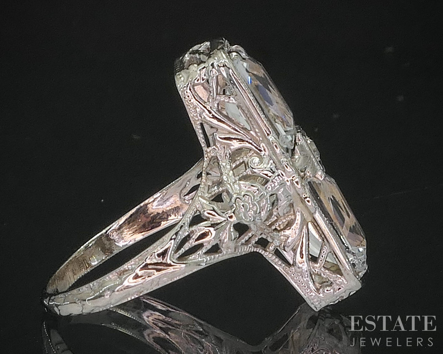 Antique 14k White Gold Natural Aquamarine & Diamond Filigree Ring 2.4g i20075