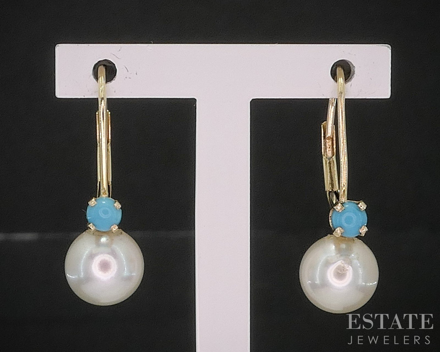 14k Yellow Gold 7mm Akoya Pearl & Turquoise Lever Back Earrings 1.9g i20078