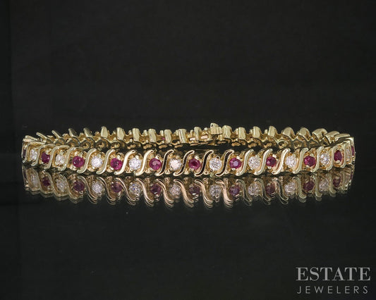 14k Yellow Gold Natural Ruby & Diamond S-Link Tennis Bracelet 17.5g 7"L i20073