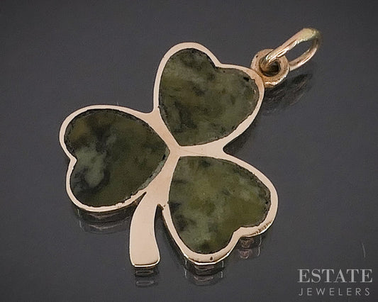 Vintage 9k Yellow Gold Connemara Marble Shamrock Charm Pendant 1.9g i20066