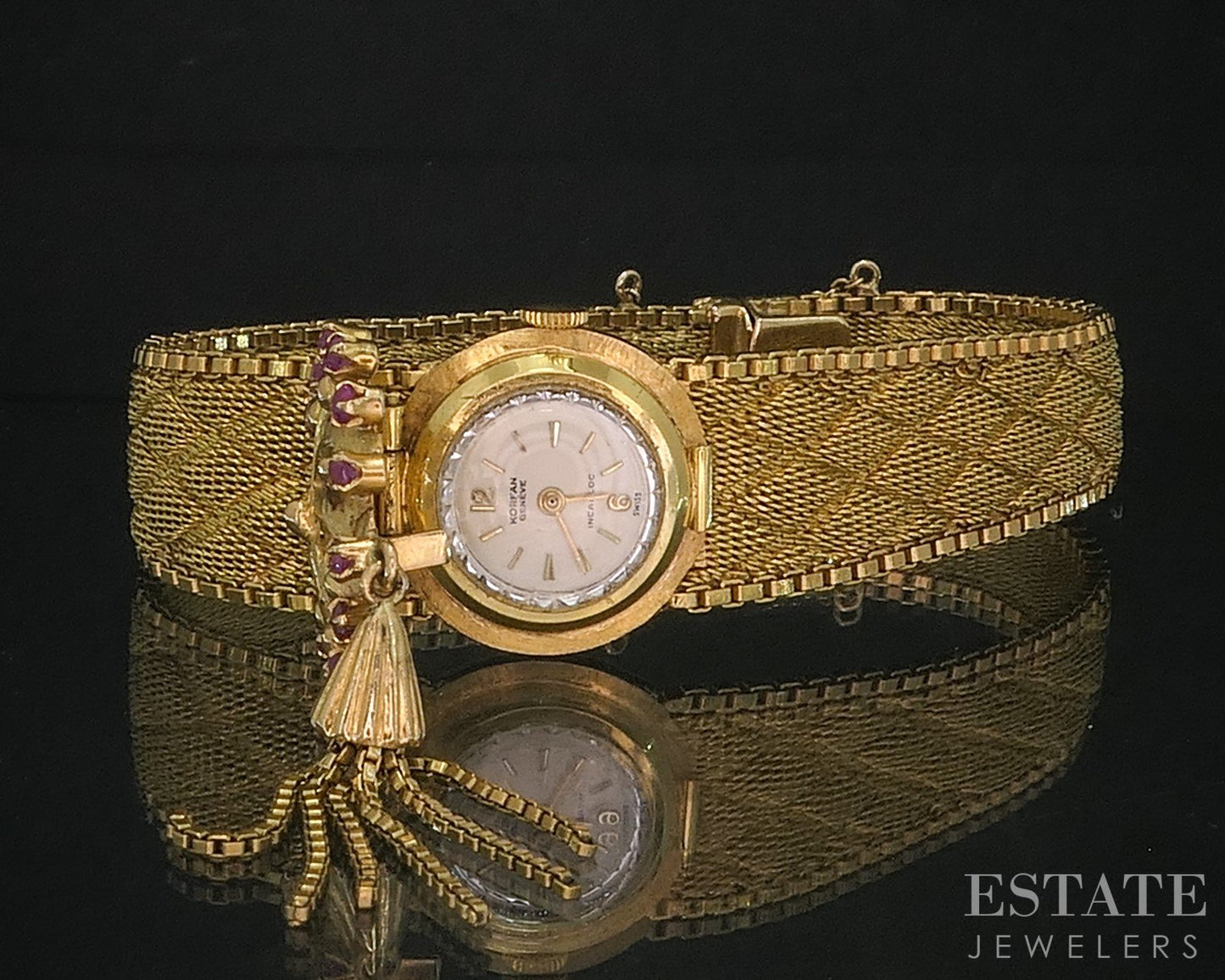 Vintage 18k Yellow Gold Natural Ruby Peek-a-Boo Tassel Ladies Watch 41.9g i20071