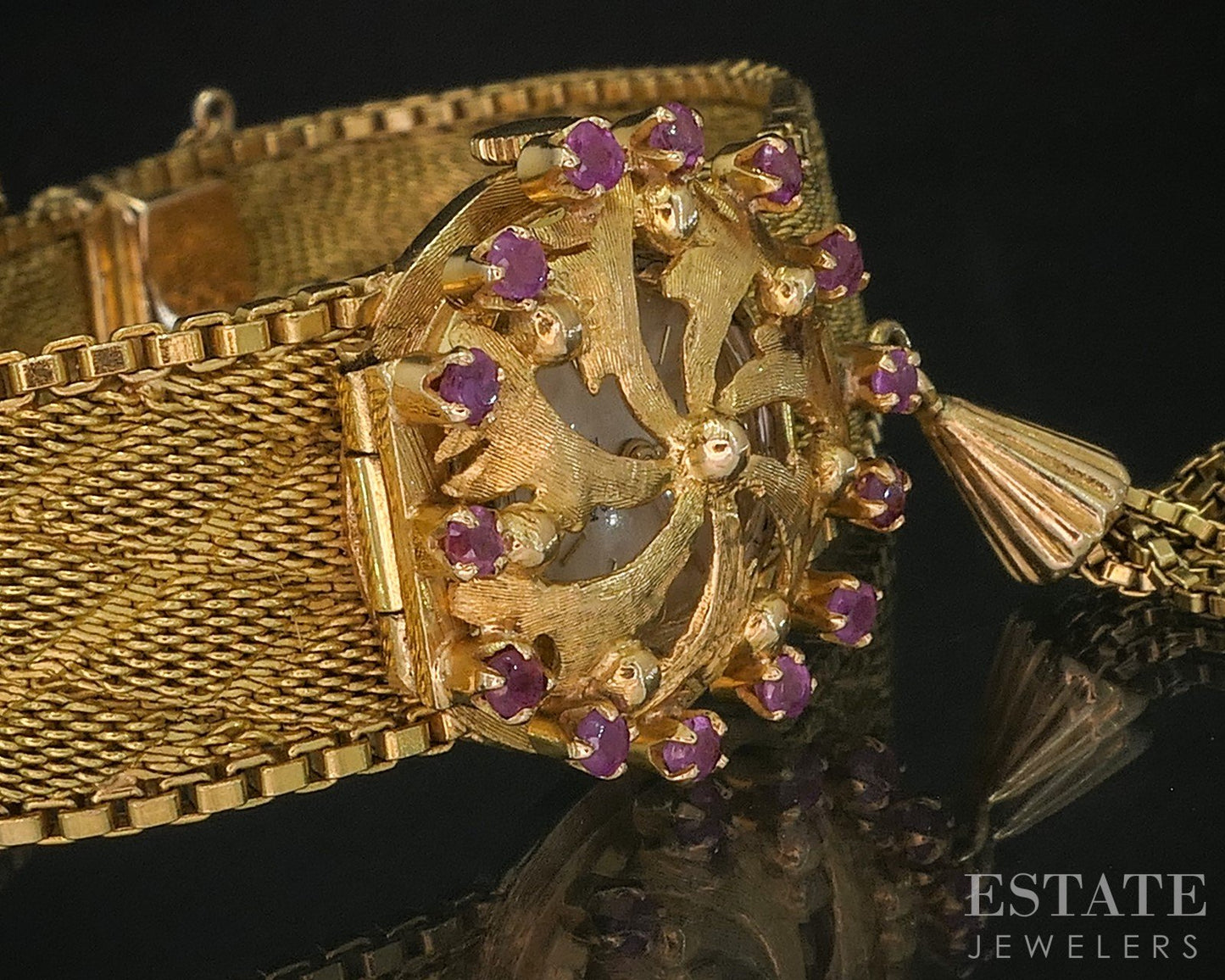 Vintage 18k Yellow Gold Natural Ruby Peek-a-Boo Tassel Ladies Watch 41.9g i20071