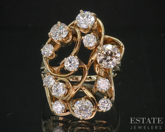 Vintage 14k Yellow Gold Natural 1.72ctw Diamond Freeform Cocktail Ring 8g i20067