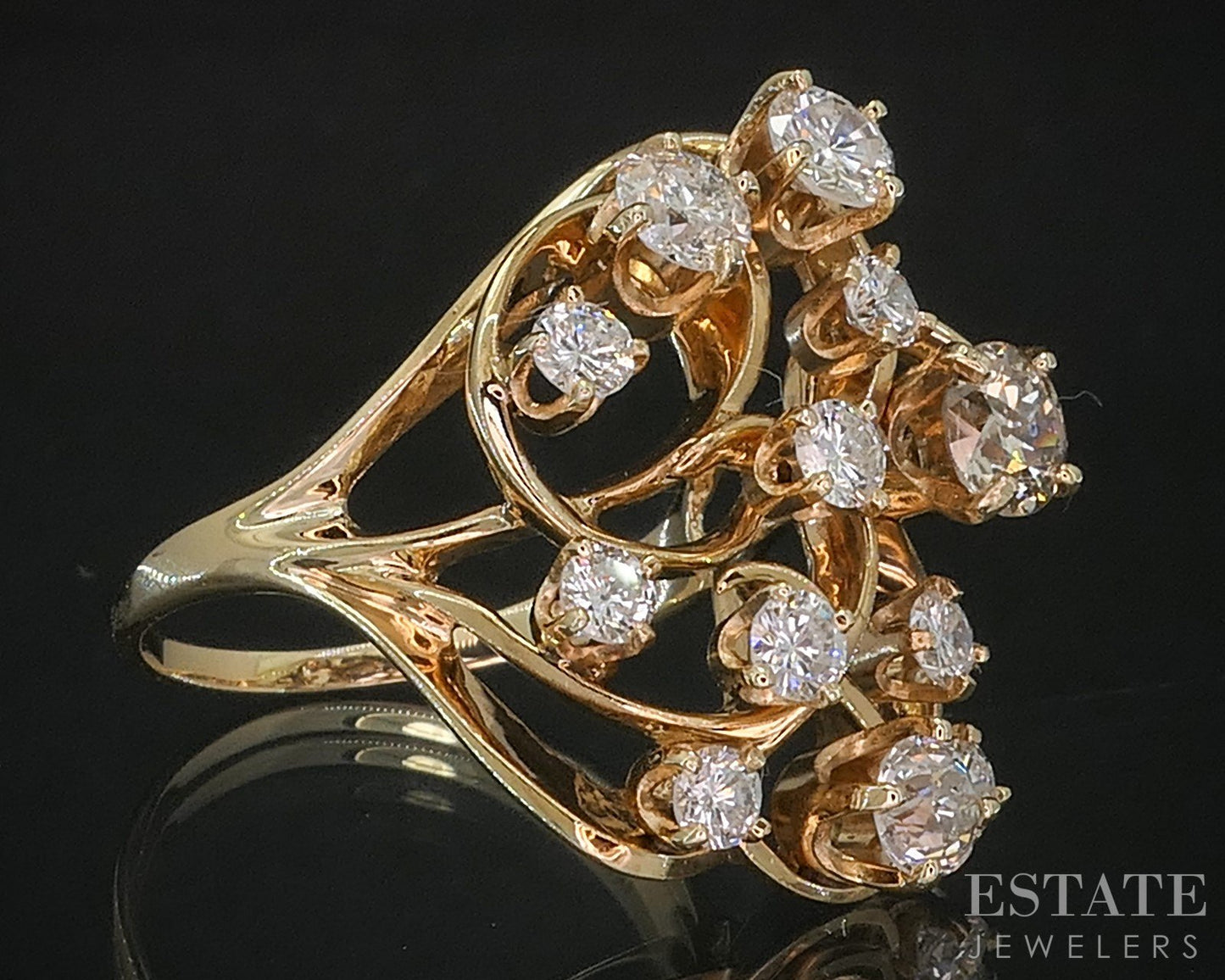 Vintage 14k Yellow Gold Natural 1.72ctw Diamond Freeform Cocktail Ring 8g i20067