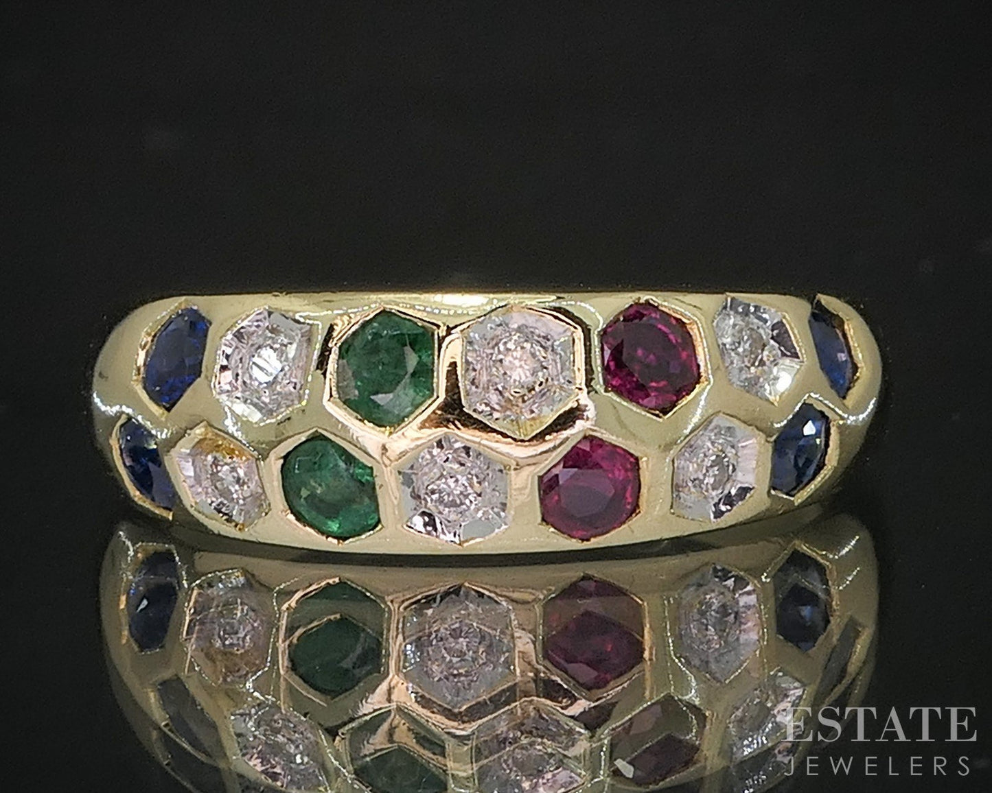 18k Yellow Gold Natural Multi Gem & Diamond Honeycomb Band Ring 5g i20085