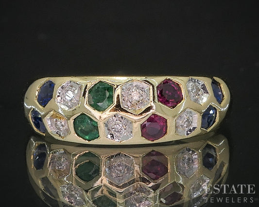 18k Yellow Gold Natural Multi Gem & Diamond Honeycomb Band Ring 5g i20085
